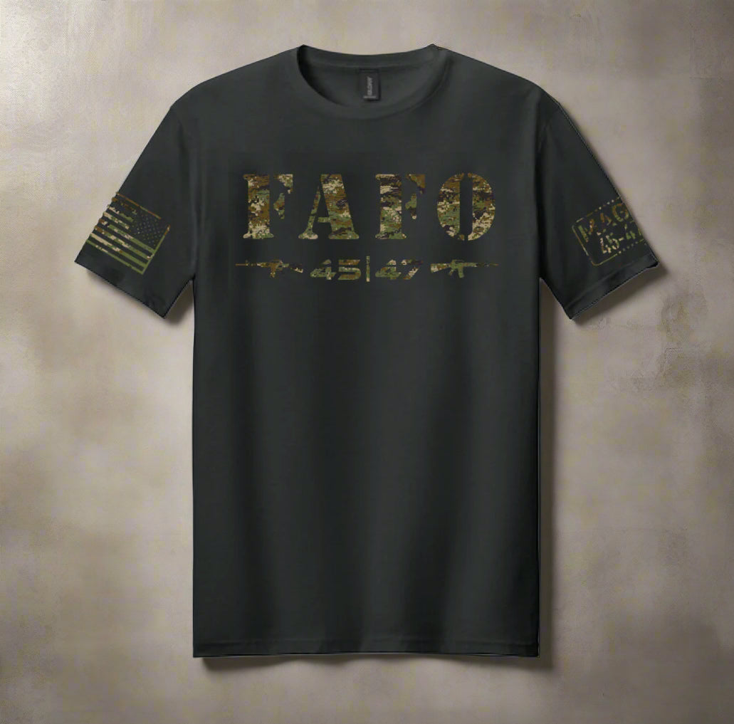 Black t-shirt with 'FAFO' text and camouflage design on a white background