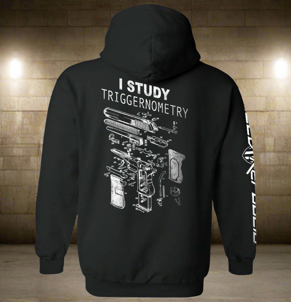Black hoodie with white graphics and text on a white background