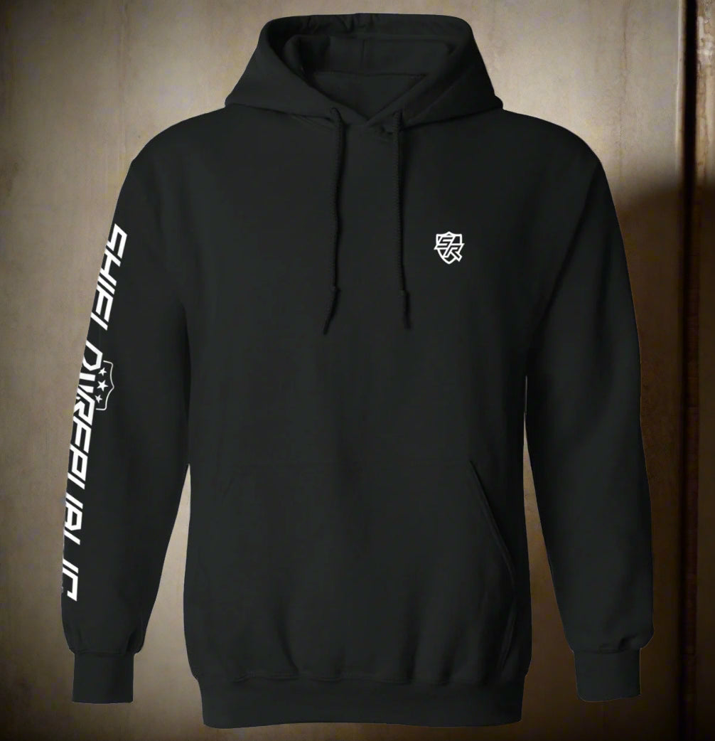 Black hoodie with white text and logo on a white background