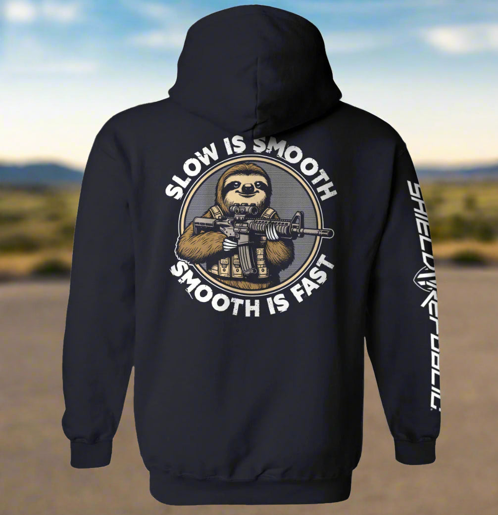 navy hoodie with a graphic of a sloth holding a rifle and text 'Slow is Smooth, Smooth is Fast' on the back.