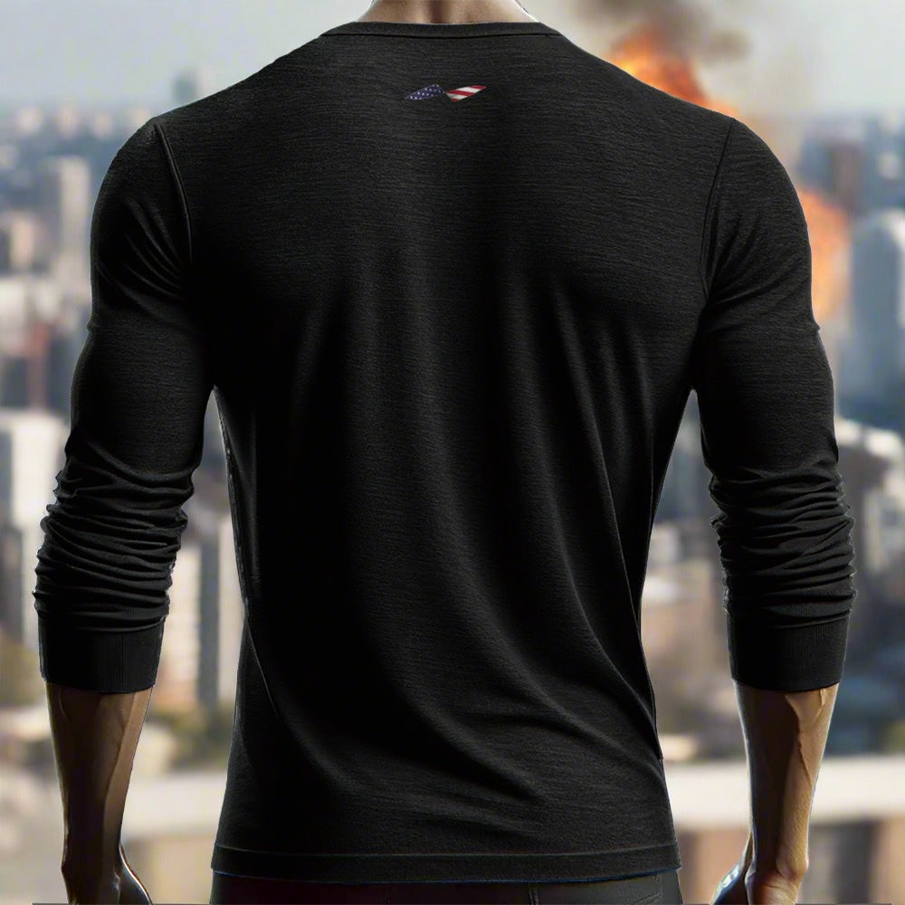 man wearing a long sleeve t-shirt