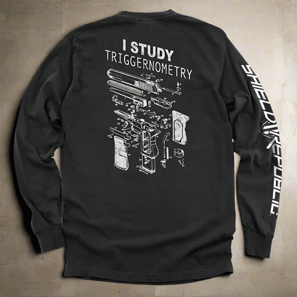 Black long-sleeve shirt with gun diagram and text on a white background