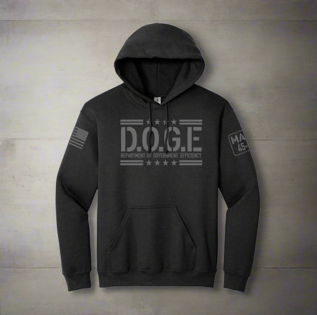 Black hoodie with 'DOGE' text and graphics on a white background