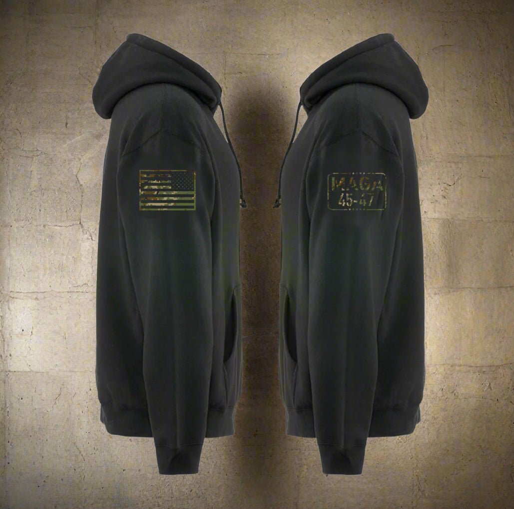Black hoodie with American flag patch on the back and text on the sleeve, shown from front and side views.