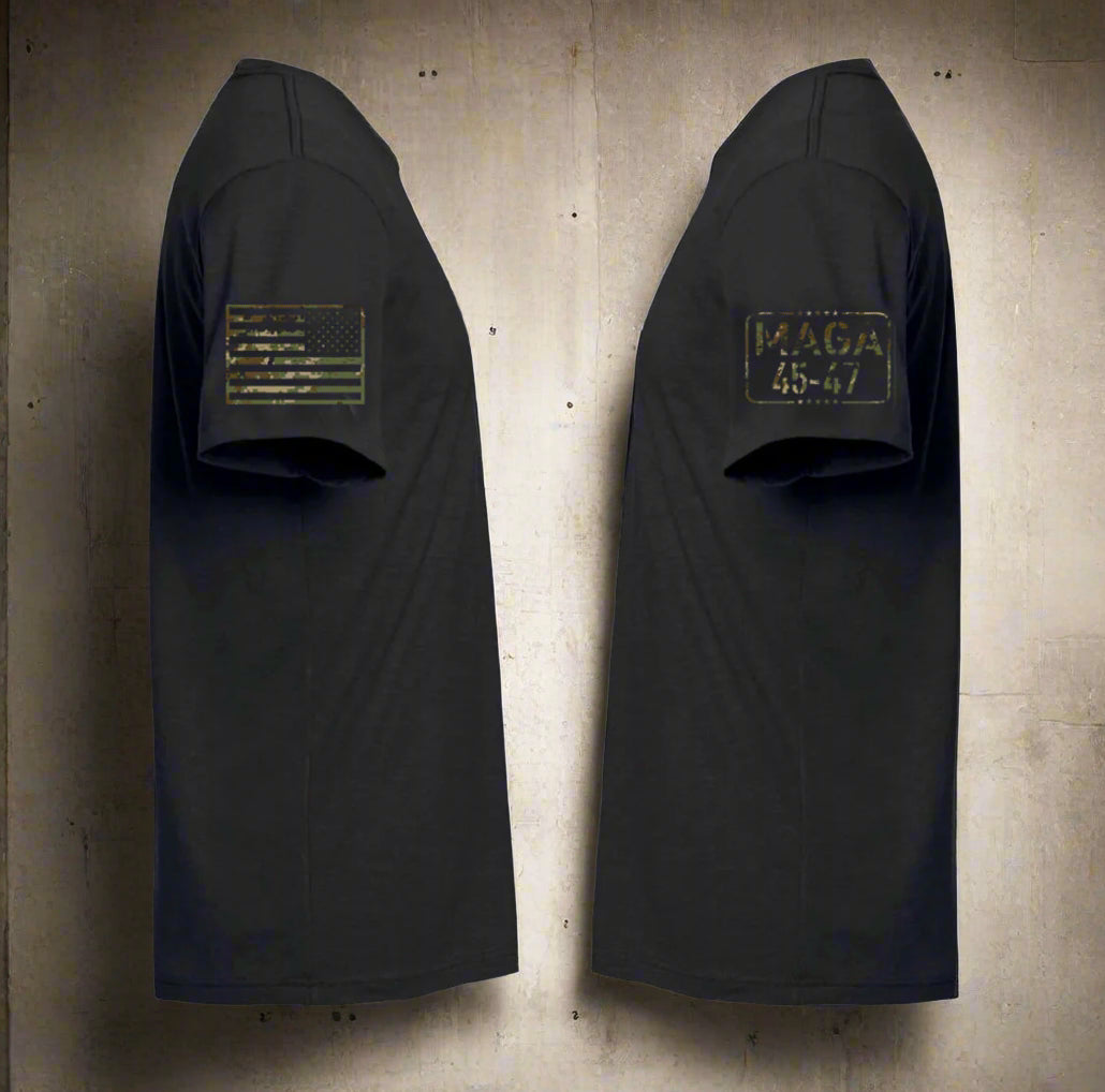 Black t-shirt with American flag and 'MAGA 45-47' text on a white background