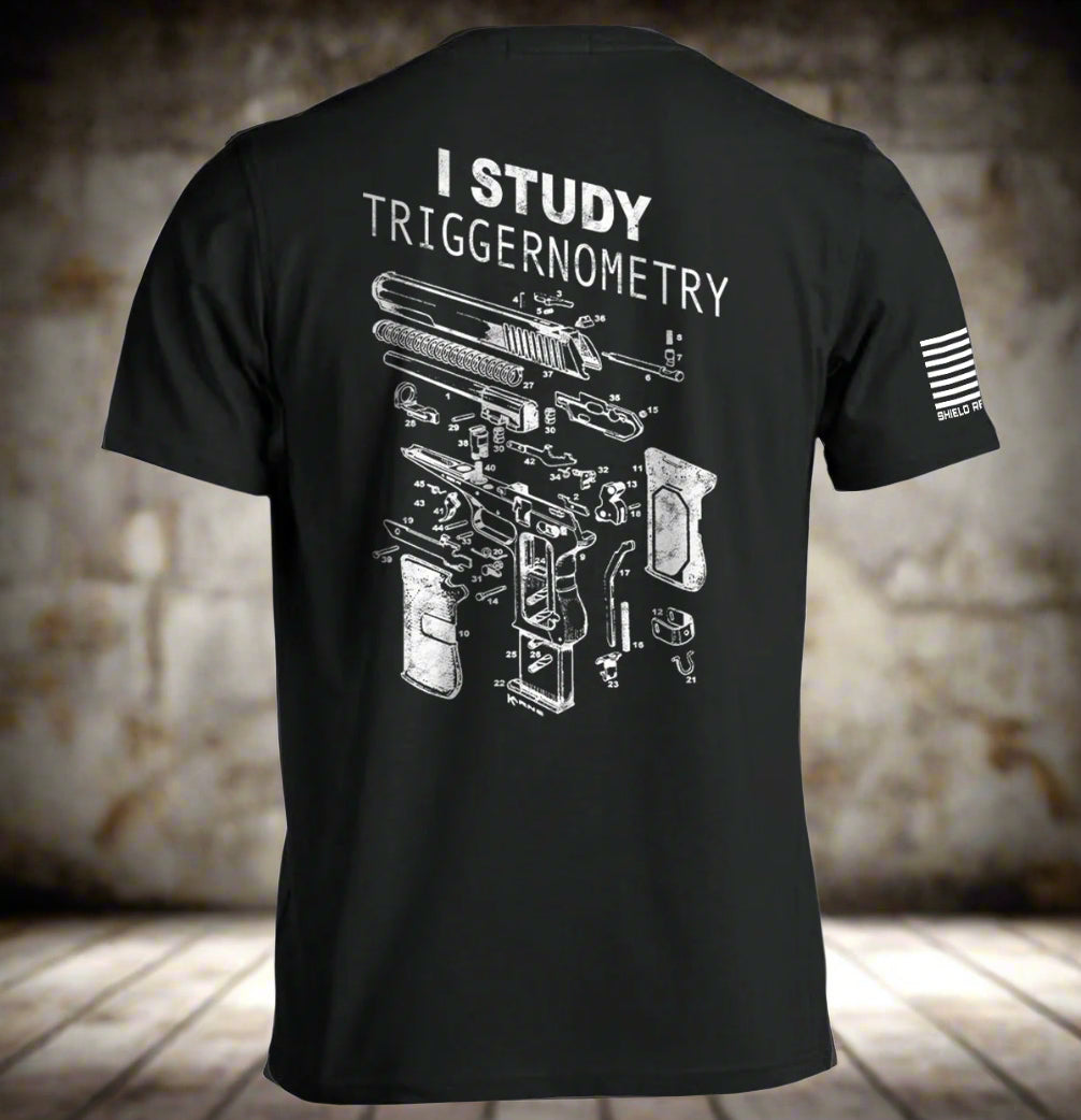 Black t-shirt with white graphic and text on a white background