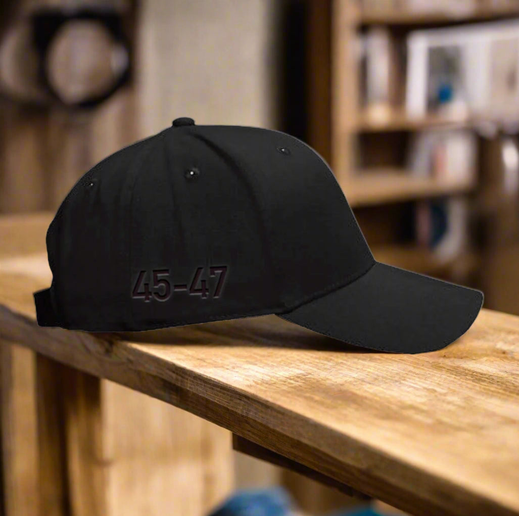 Black cap with '45-47' text on a white background